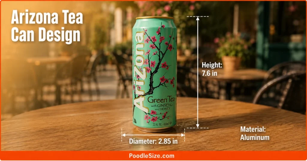 Arizona Tea can design featuring the iconic floral artwork with 7.6-inch height, 2.85-inch diameter, and lightweight aluminum construction.