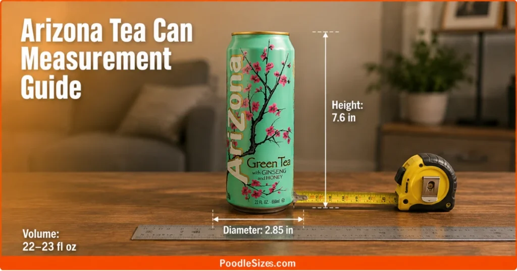 Arizona Tea can measurement guide showing a 7.6-inch height, 2.85-inch diameter, and 22–23 fl oz capacity using a ruler and tape measure.