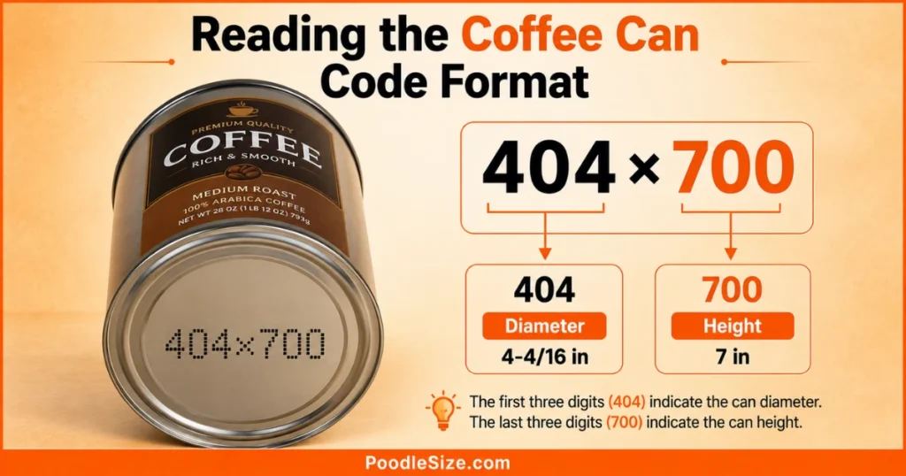 Coffee can code format infographic explaining how 404 x 700 identifies a coffee can diameter of 4-4/16 inches and height of 7 inches