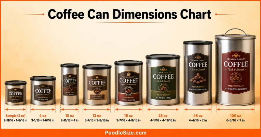Coffee can dimensions chart comparing 3 oz, 4 oz, 10 oz, 13 oz, 16 oz, 28 oz, 48 oz, and 100 oz coffee can sizes with height and diameter measurements
