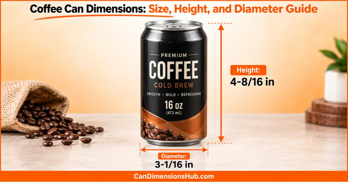 Coffee can dimensions showing a 16 oz coffee can with 4-8/16 inch height and 3-1/16 inch diameter measurements
