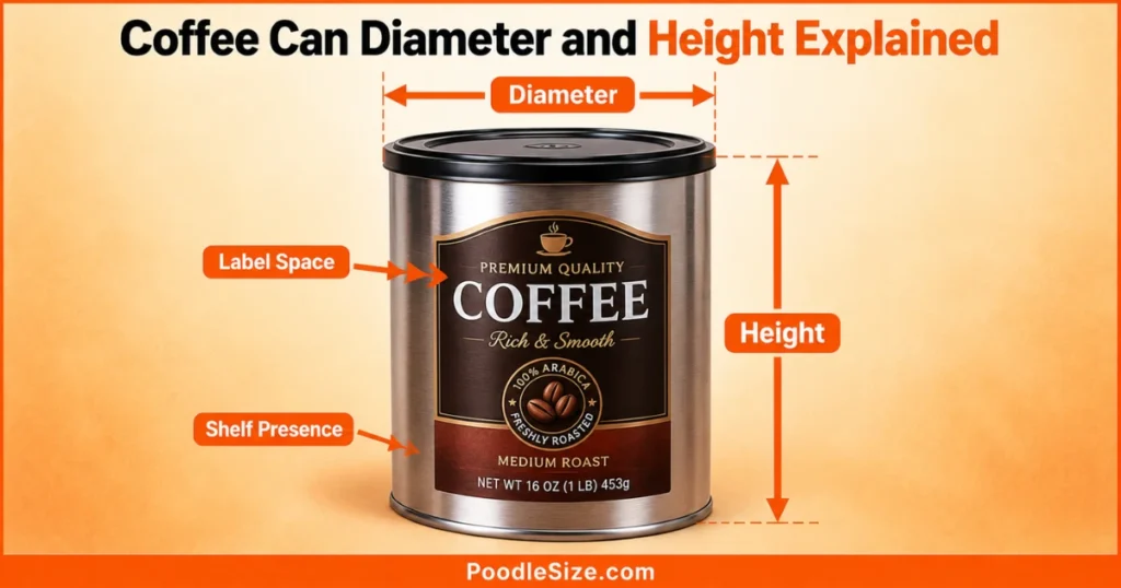 Coffee can diameter and height explained with labeled measurement arrows, label space, and shelf presence on a realistic coffee can