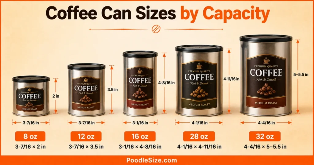 Coffee can sizes by capacity showing 8 oz, 12 oz, 16 oz, 28 oz, and 32 oz coffee can dimensions and measurements