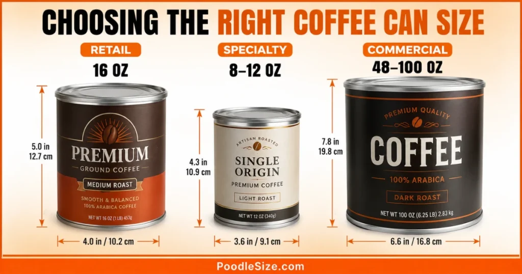 Choosing the right coffee can size comparison showing retail 16 oz, specialty 8–12 oz, and commercial 48–100 oz coffee cans with approximate dimensions