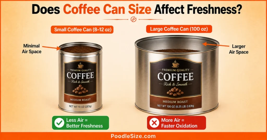 Coffee can size and freshness comparison showing small 8–12 oz and large 100 oz cans with different air spaces and oxidation effects