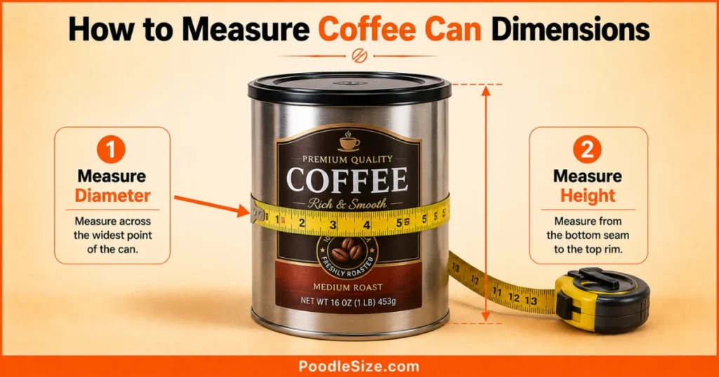 How to measure coffee can dimensions using a measuring tape to find diameter across the widest point and height from the bottom seam to the top rim