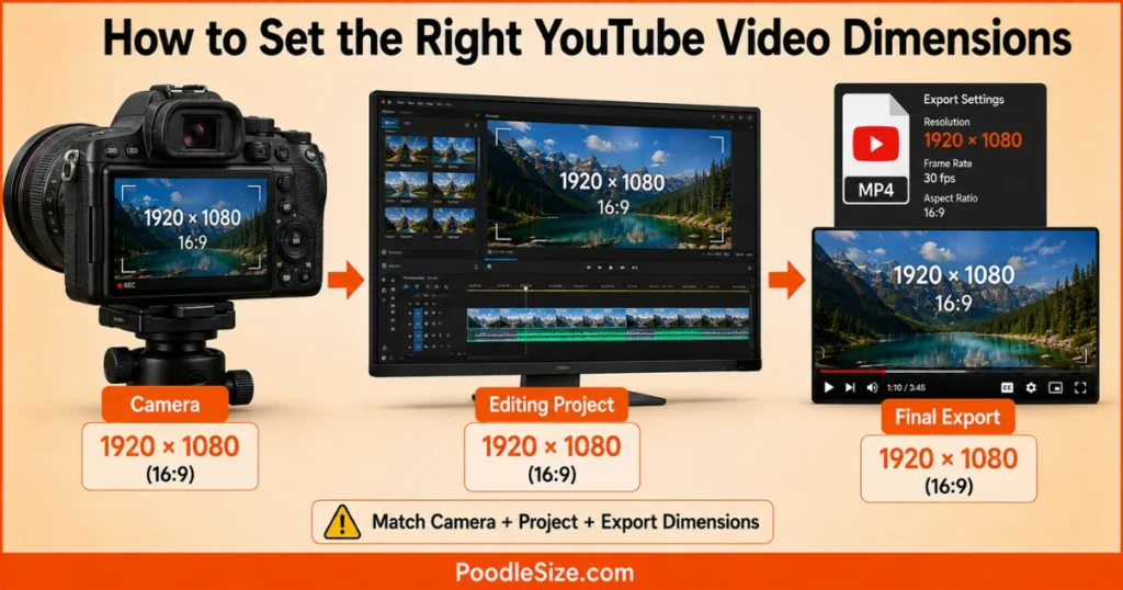 YouTube video dimensions workflow showing a camera, editing project, and final export, all using the recommended 1920 × 1080 resolution and 16:9 aspect ratio.
