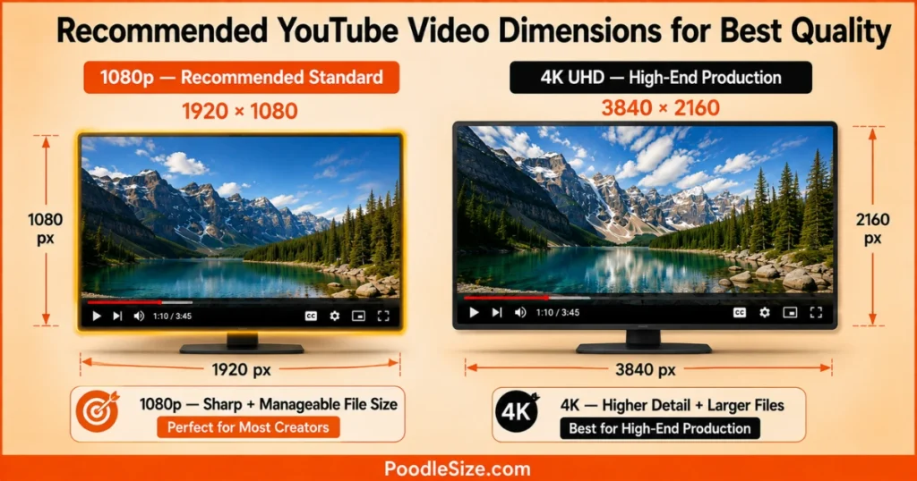 YouTube video dimensions comparison showing 1080p at 1920 × 1080 and 4K UHD at 3840 × 2160 with width and height measurements.