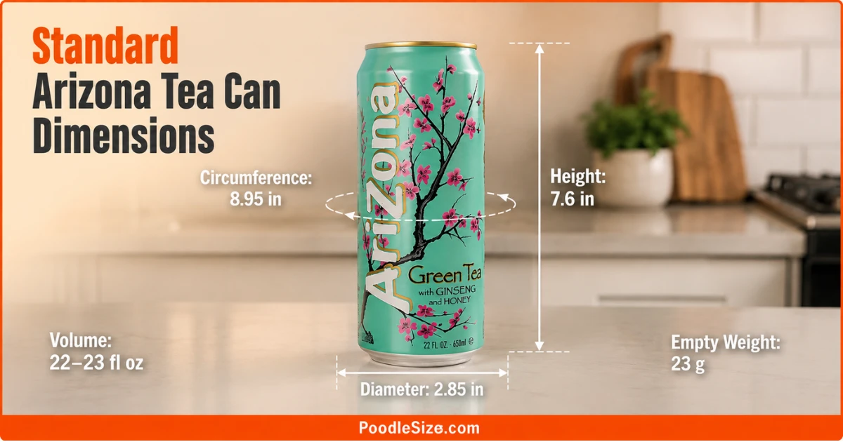 Standard Arizona Tea can dimensions infographic showing 7.6-inch height, 2.85-inch diameter, 8.95-inch circumference, and 22–23 fl oz capacity.