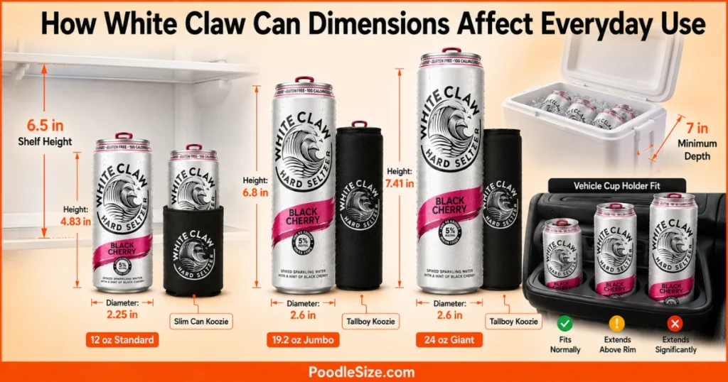 White Claw can size comparison showing 12 oz, 19.2 oz, and 24 oz cans with height and diameter measurements, koozies, refrigerator shelf clearance, vehicle cup holder fit, and cooler depth.