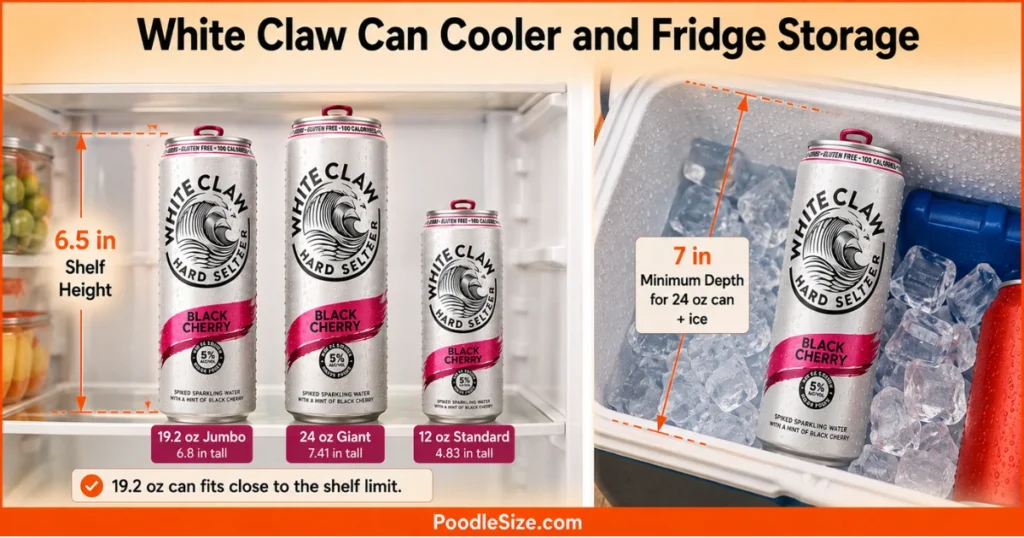 White Claw can storage infographic comparing 19.2 oz, 24 oz, and 12 oz cans in a refrigerator and cooler, with 6.5-inch shelf height and 7-inch minimum cooler depth measurements.