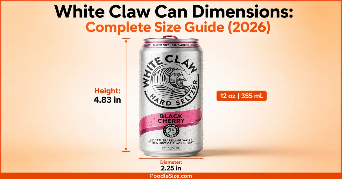 White Claw 12 oz can dimensions showing 4.83 inch height and 2.25 inch diameter with 355 mL size