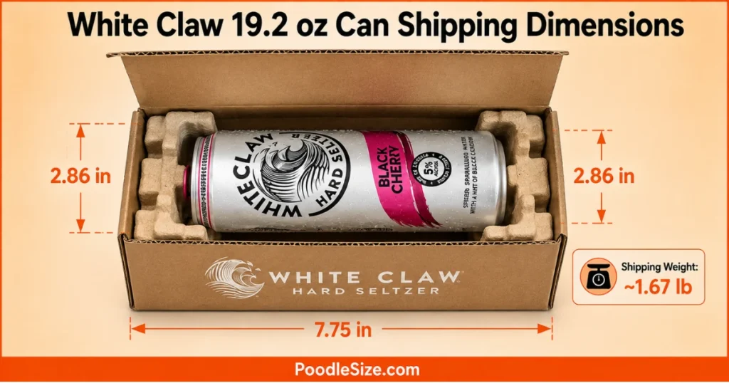 White Claw 19.2 oz can shipping dimensions infographic showing a can inside protective packaging with 2.86-inch measurements and a 7.75-inch package dimension.