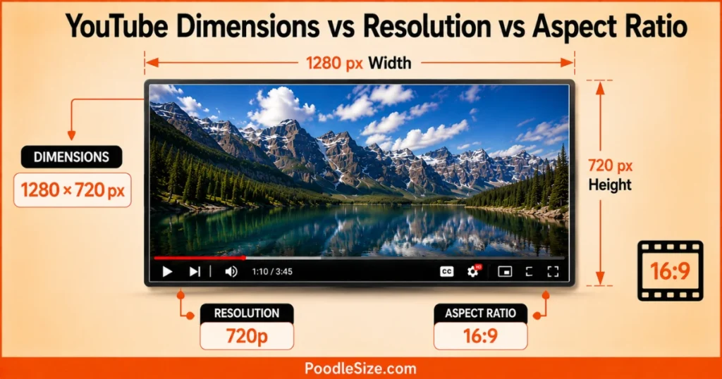 YouTube infographic explaining the difference between dimensions, resolution, and aspect ratio using a 1280 × 720 video frame, 720p resolution, and 16:9 aspect ratio.