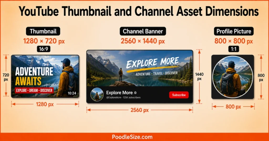 YouTube thumbnail, channel banner, and profile picture dimensions infographic showing 1280 × 720, 2560 × 1440, and 800 × 800 pixel sizes with aspect ratios and measurement arrows.