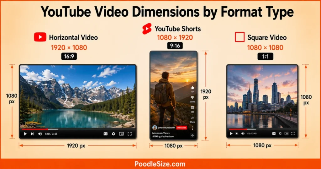 YouTube video format comparison showing horizontal 1920 × 1080 16:9, vertical Shorts 1080 × 1920 9:16, and square 1080 × 1080 1:1 video dimensions.