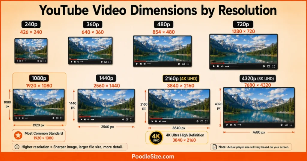 YouTube video dimensions infographic comparing 240p, 360p, 480p, 720p, 1080p, 1440p, 2160p 4K UHD, and 4320p 8K UHD resolutions with pixel dimensions.