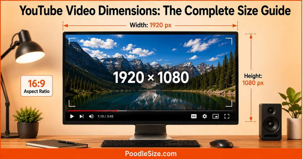 YouTube video dimensions infographic showing a 1920 × 1080 video frame on a modern monitor with 1920 px width, 1080 px height, and a 16:9 aspect ratio.